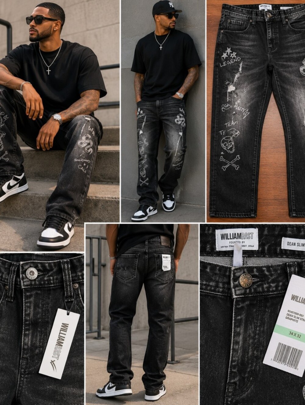 William Rast Black Distressed Dean Slim Straight Jeans with White Graphics 34x32